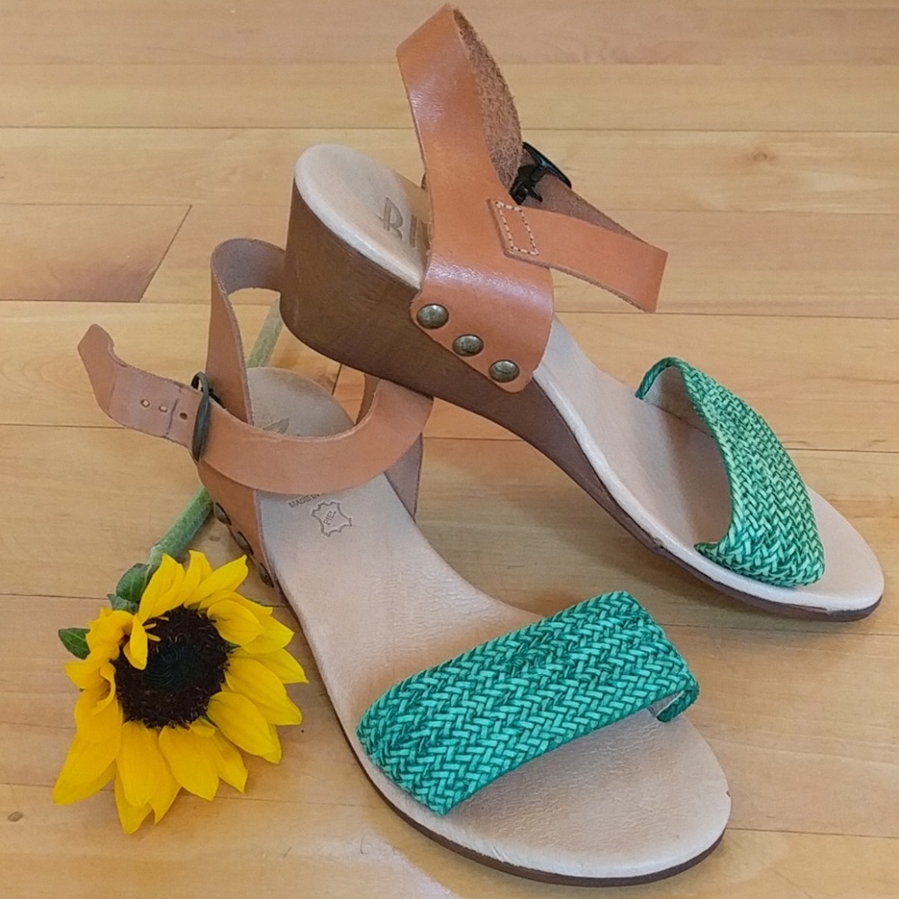 Riva Authentic Leather Green Woven Wedge Sandals